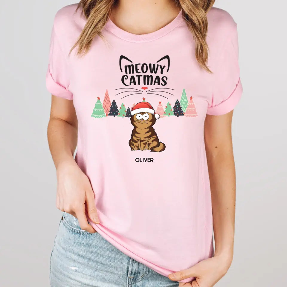 T-Shirt-Meowy Catmas! Personalized Unisex T-Shirt for Cat Lovers | Christmas T-Shirt-Unisex T-Shirt-Pink-JackNRoy