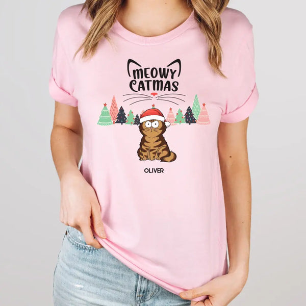 T-Shirt-Meowy Catmas! Personalized Unisex T-Shirt for Cat Lovers | Christmas T-Shirt-Unisex T-Shirt-Pink-JackNRoy