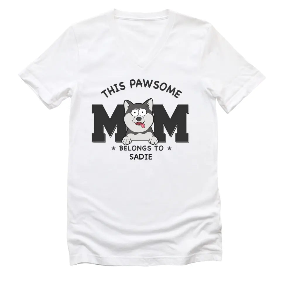 T-Shirt-This Pawsome Mom Belongs To - Personalized Unisex T-Shirt for Dog Moms | Dog Mom Gift | Pet Lover T-Shirt-Unisex V-Neck-White-JackNRoy