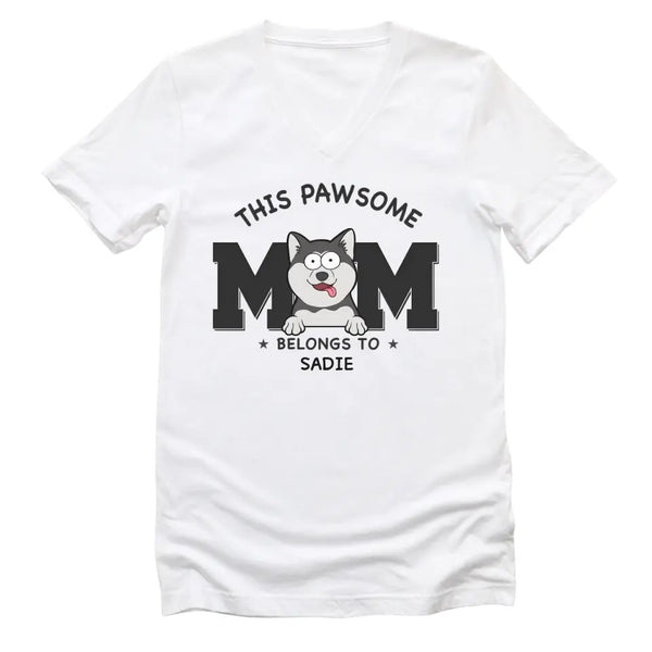 T-Shirt-This Pawsome Mom Belongs To - Personalized Unisex T-Shirt for Dog Moms | Dog Mom Gift | Pet Lover T-Shirt-Unisex V-Neck-White-JackNRoy