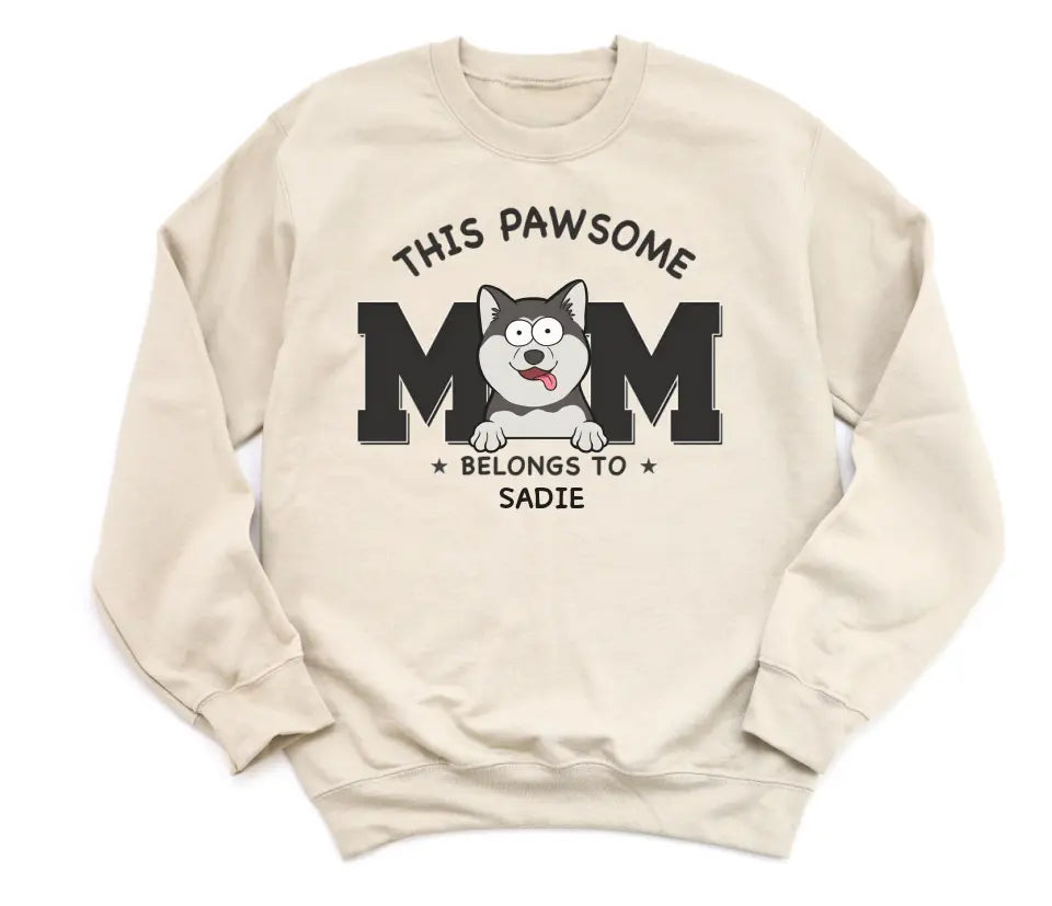 T-Shirt-This Pawsome Mom Belongs To - Personalized Unisex T-Shirt for Dog Moms | Dog Mom Gift | Pet Lover T-Shirt-Unisex Sweatshirt-Sand-JackNRoy