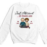 Sweatshirt-Just Married... Years Ago - Personalized Unisex Sweatshirt for Couples | Funny Couple Sweatshirt-Unisex Sweatshirt-White-JackNRoy