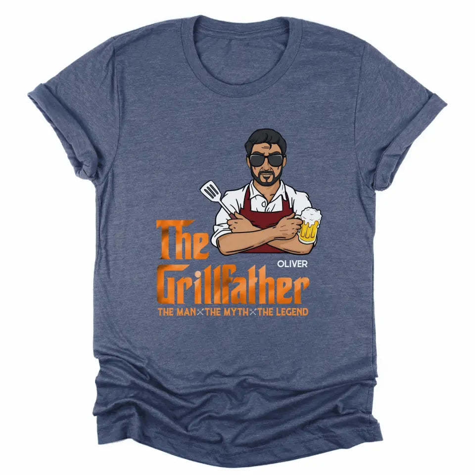 T-Shirt-The Grillfather - Personalized Unisex T-Shirt For Men | Barbeque Lover Shirt | Gift For Him-Unisex T-Shirt-Heather Navy-JackNRoy