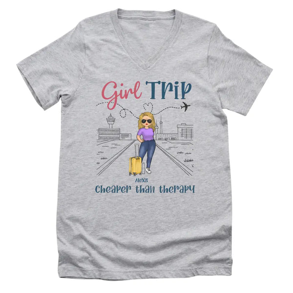 T-Shirt-Girls Trip Cheaper Than Therapy - Personalized Unisex T-Shirt | Gift for Besties | Friends T-Shirt-Unisex V-Neck-Athletic Heather-JackNRoy