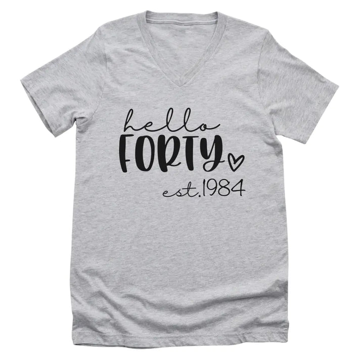 Shirts & Tops-Hello Forty (EST) - Personalized Unisex T-Shirt-Unisex V-Neck-S-JackNRoy