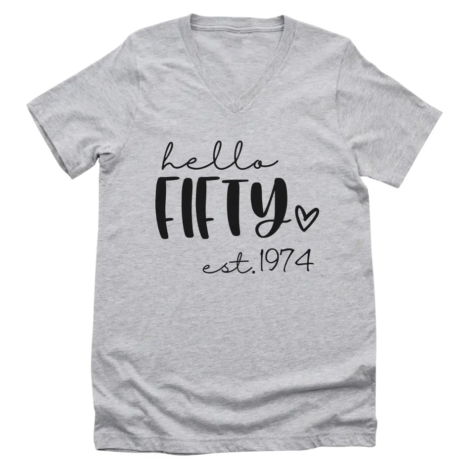 Shirts & Tops-Hello Fifty (EST) - Personalized Unisex T-Shirt-Unisex V-Neck-S-JackNRoy