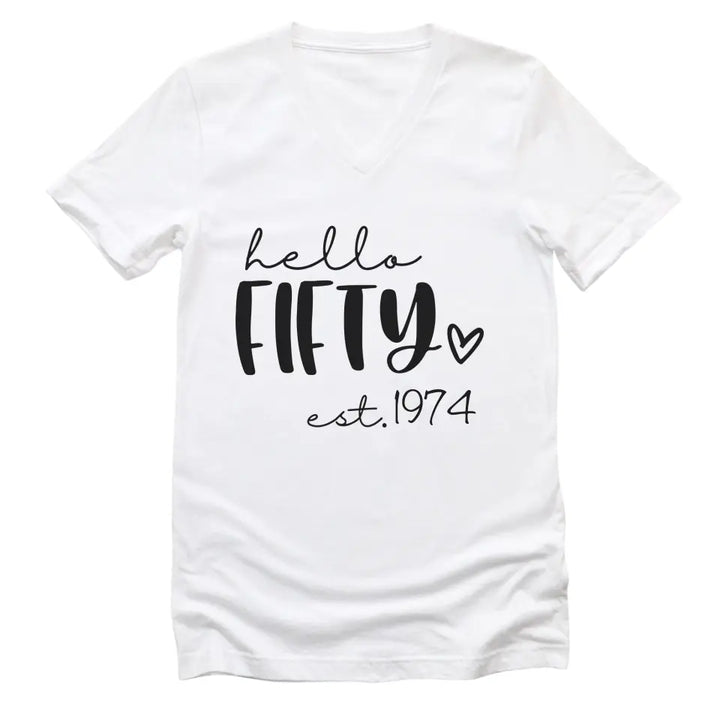 Shirts & Tops-Hello Fifty (EST) - Personalized Unisex T-Shirt-Unisex V-Neck-S-JackNRoy