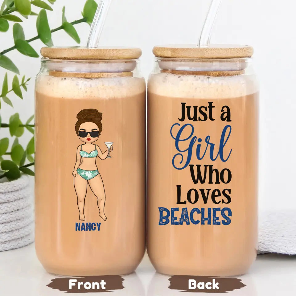 Glass Can-A Girl Who Loves Beaches- Personalized Glass Can (16oz) | Summer Gift | Custom Tumbler-16oz Glass Can-Glass-JackNRoy