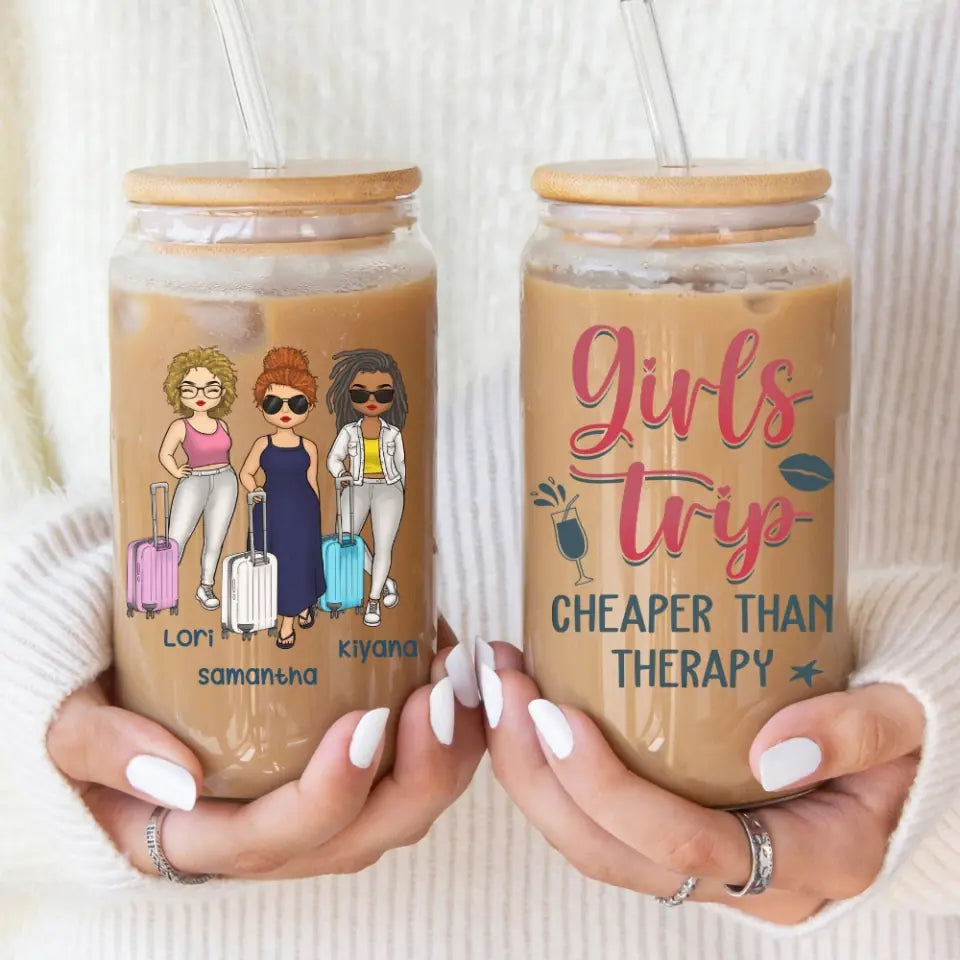 Glass Can-Girls Trip Cheaper Than Therapy - Personalized Glass Can (16oz) | Gift for Besties | Custom Tumbler-16oz Glass Can-Glass-JackNRoy