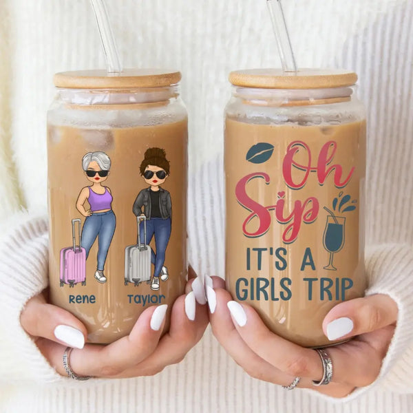 Glass Can-Oh Sip, It's a Girls Trip - Personalized Glass Can (16oz) | Gift for Besties | Custom Tumbler-16oz Glass Can-Glass-JackNRoy