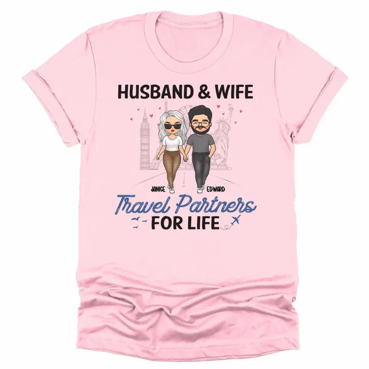 Shirts & Tops-Travel Partners for Life - Personalized Unisex T-Shirt | Gift For Couples | Traveling Shirt-Unisex T-Shirt-Pink-JackNRoy