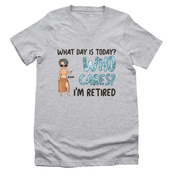 T-Shirt-Who Cares I'm Retired - Personalized Unisex T-Shirt | Gift for Her | Retirement Shirt-Unisex V-Neck-Athletic Heather-JackNRoy