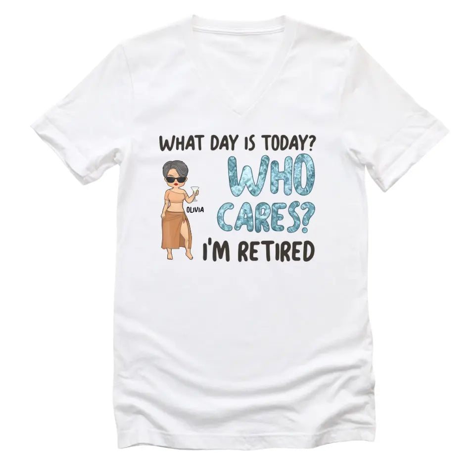 T-Shirt-Who Cares I'm Retired - Personalized Unisex T-Shirt | Gift for Her | Retirement Shirt-Unisex V-Neck-White-JackNRoy