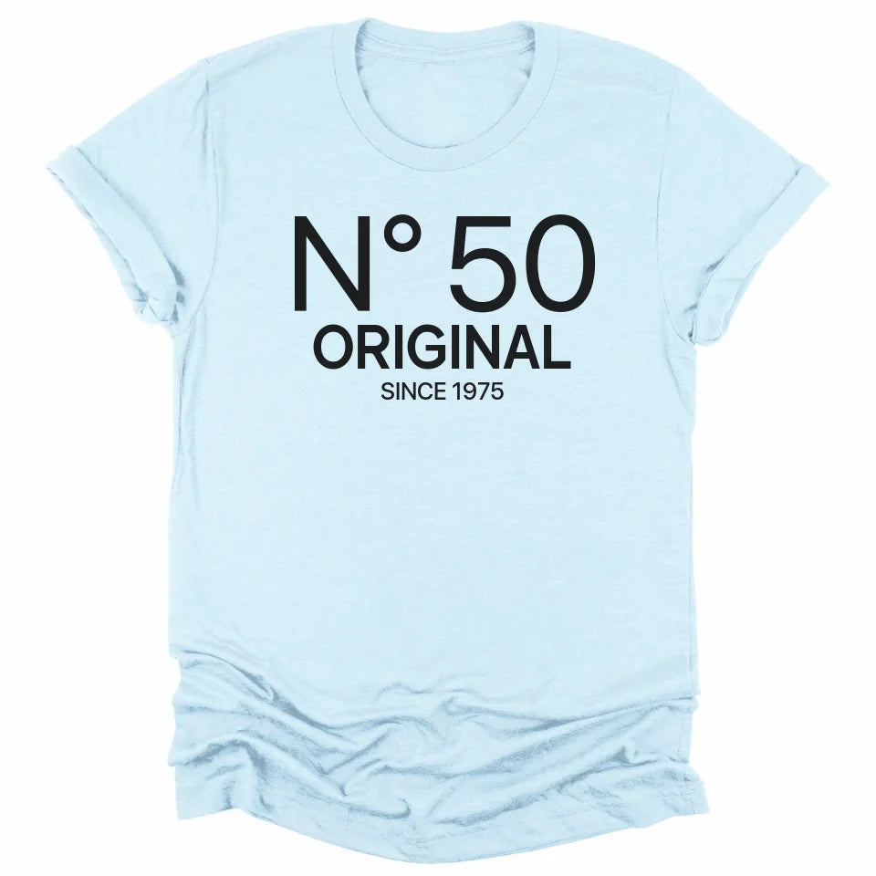 T-Shirt-N° 50 (ANY AGE) - Custom Birthday T-Shirt-Unisex T-Shirt-Heather Ice Blue-JackNRoy