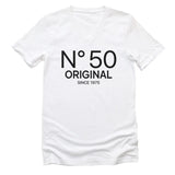 T-Shirt-N° 50 (ANY AGE) - Custom Birthday T-Shirt-Unisex V-Neck-White-JackNRoy