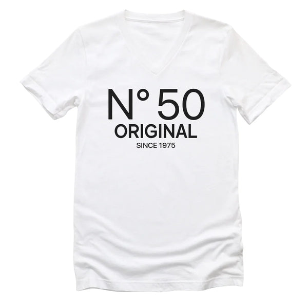 T-Shirt-N° 50 (ANY AGE) - Custom Birthday T-Shirt-Unisex V-Neck-White-JackNRoy