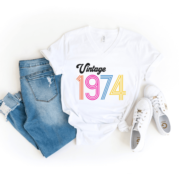 V-Neck Shirt-Vintage Custom Birthday V-Neck (Customize Your Year)-S-White-Jack N Roy