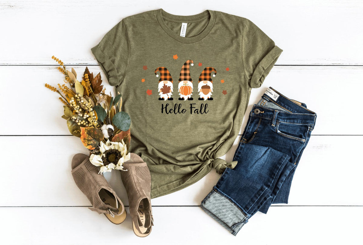 T-Shirt-Hello Fall Gnomes T-Shirt-S-Heather Olive-Jack N Roy