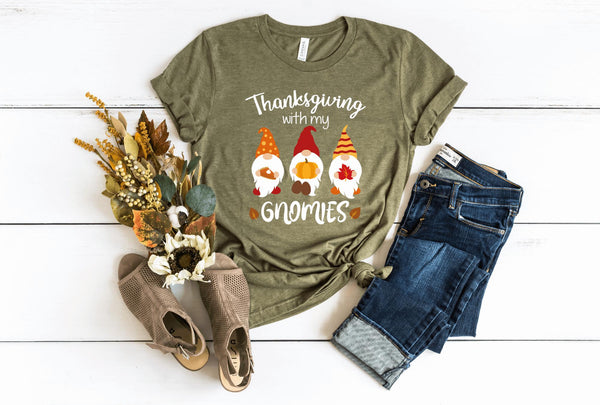 T-Shirt-Thanksgiving Gnomies T-Shirt-S-Heather Olive-Jack N Roy