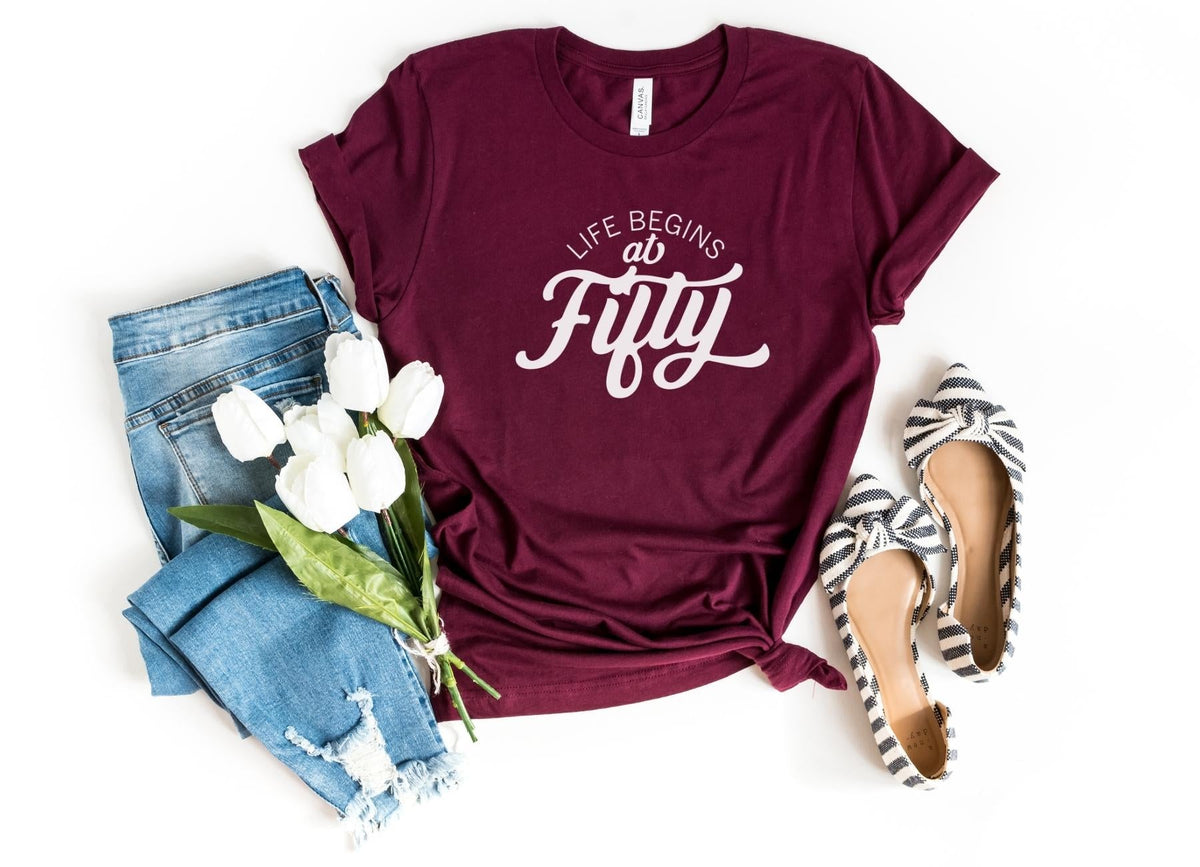 T-Shirt-Life Begins At Fifty T-Shirt-S-Maroon-Jack N Roy