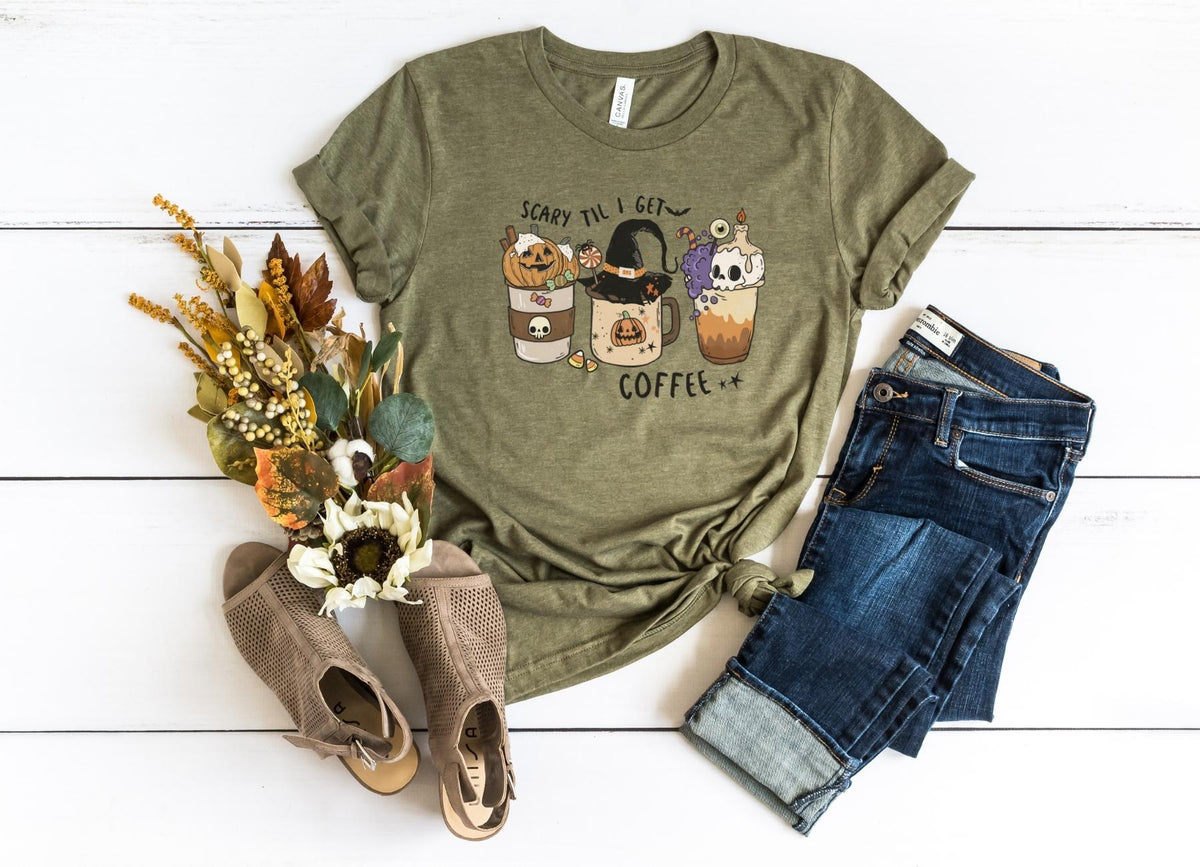 T-Shirt-Scary Til I Get Coffee T-Shirt-S-Heather Olive-Jack N Roy