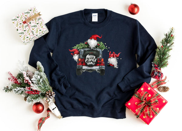 Sweatshirt-Gnomes On Christmas Truck Sweatshirt-S-Navy-Jack N Roy