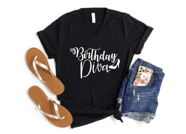 V-Neck Shirt-Birthday Diva V-Neck-S-Black-Jack N Roy